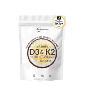 vitamin d3 10000 iu plus k2 (mk 7) 200 mcg, 300 virgin coconut oil softgels| 2 in 1 vitamins d & k complex | supports calcium absorption, bone, immune, & heart health – easy to swallow